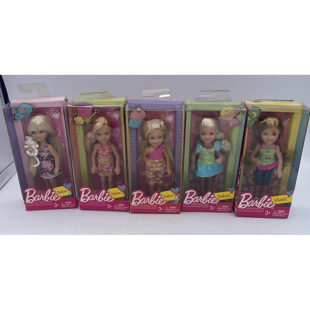 NIB BARBIE‎ DOLL KELLY CHELSEA 2010 HOLDING CAT, Cupcake, Chameleon Lot Of 5